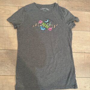 AEROPOSTALE GRAY CLASSIC CREW T SHIRT BLUE BUTTERFLIES WOMENS MEDIUM